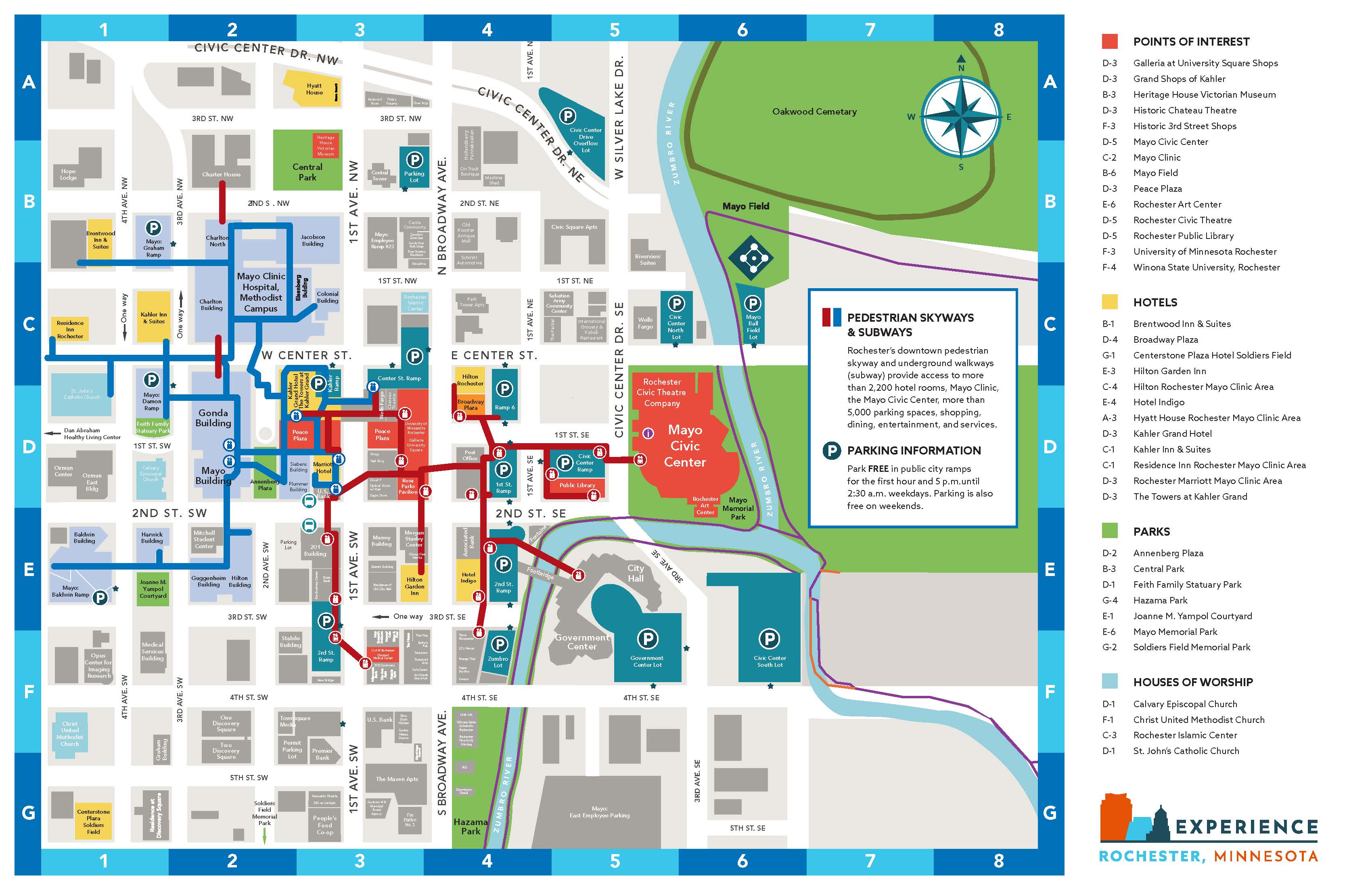 Map of downtown Rochester including skyways and subways