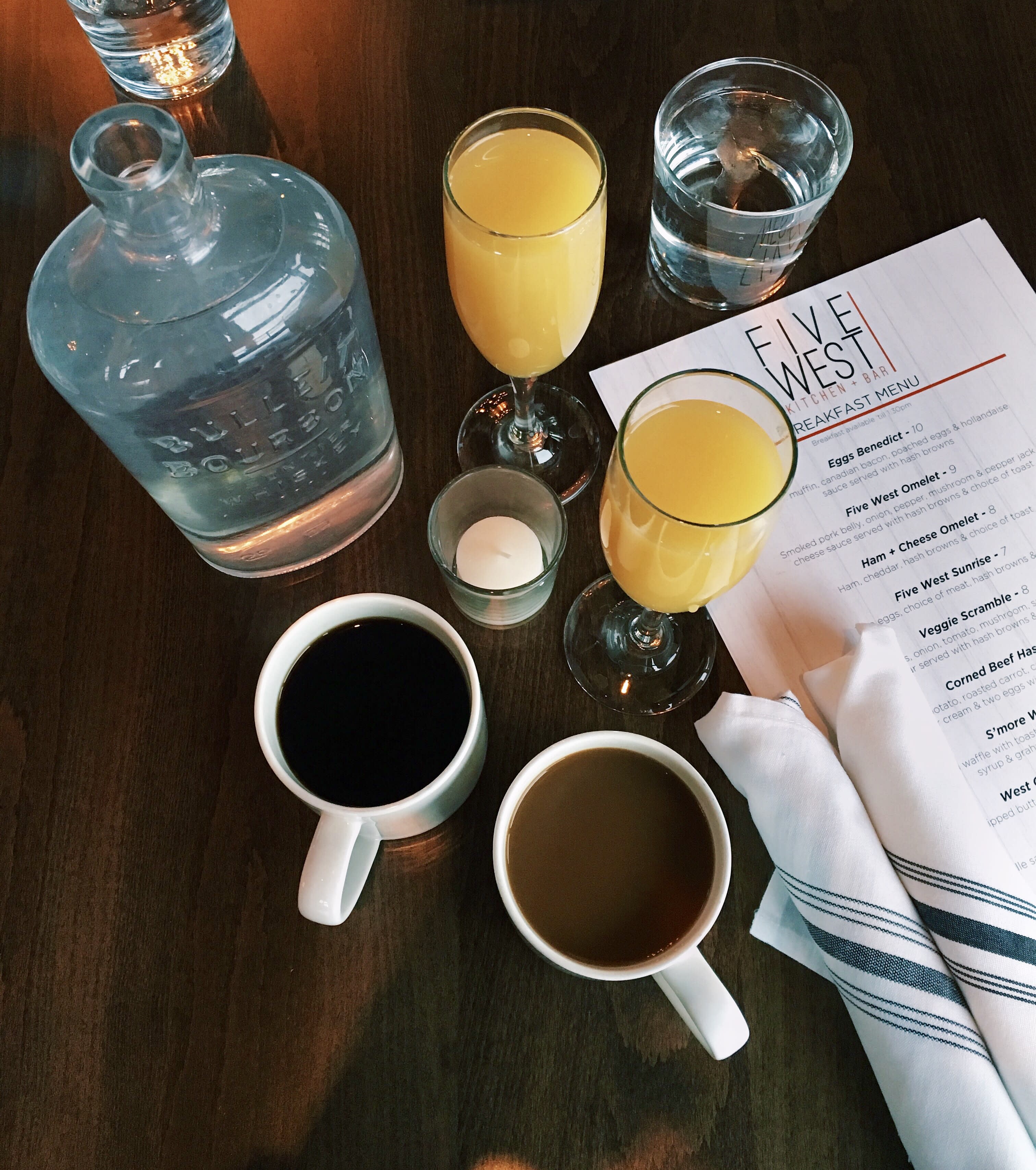 Mimosas Coffee and Brunch Menu at Five + West Kitchen and Bar